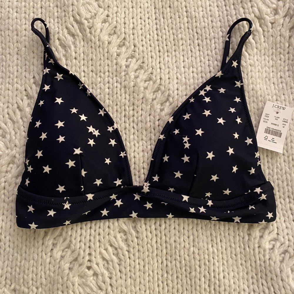 NWT J. Crew Triangle Swimsuit Top, Black with White Stars, Size M
